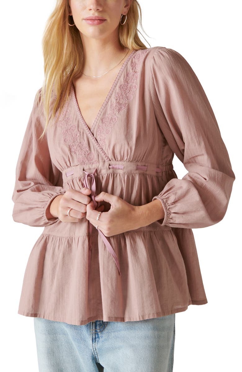 Lucky Brand Embroidered Long Sleeve Cotton Babydoll Top, Alternate, color,