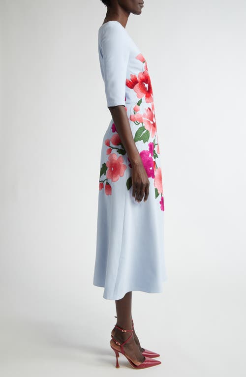 Carolina Herrera Floral Embroidered 3/4-sleeve Midi Dress In Celeste Multi
