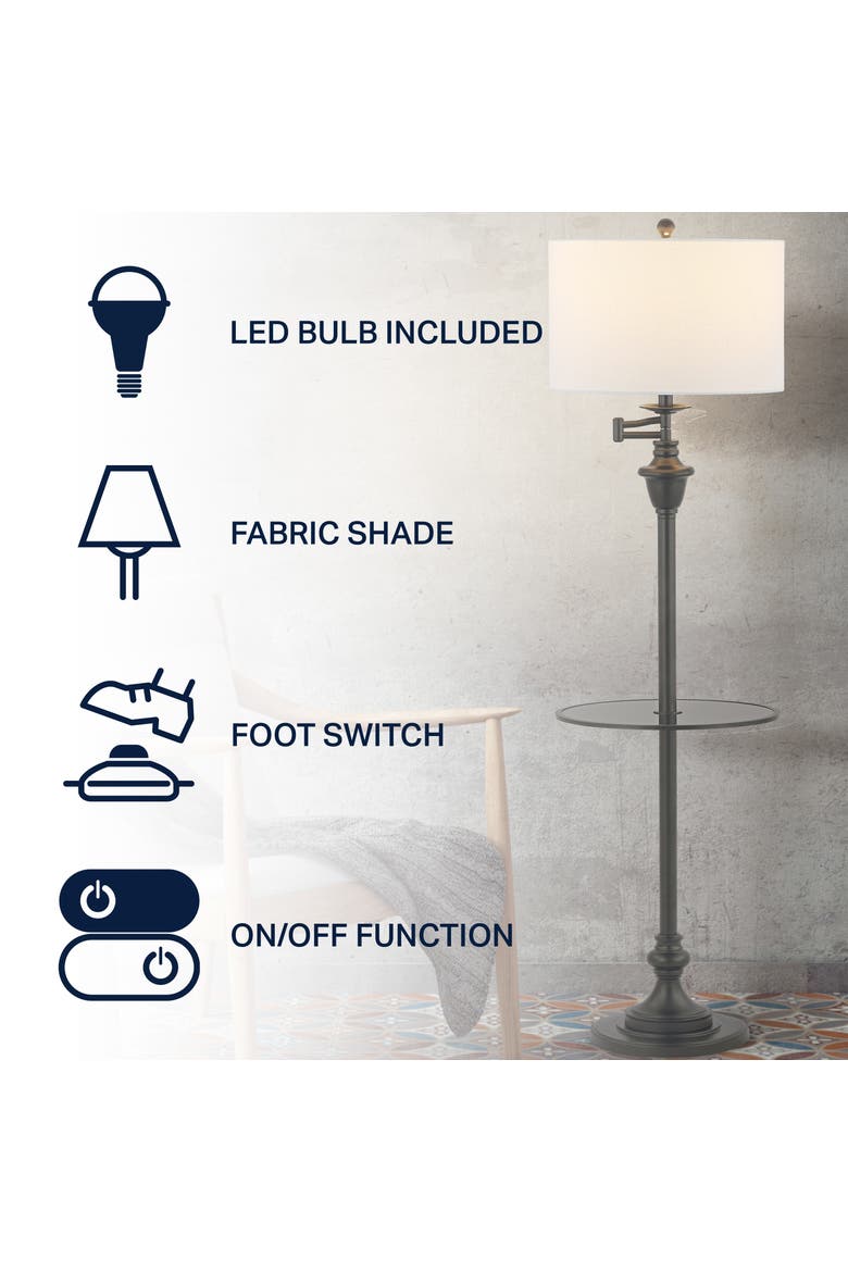 Cora Modern Metal LED Floor Lamp with Integrated Glass Side Table and Swing Arm, Alternate, color, Black