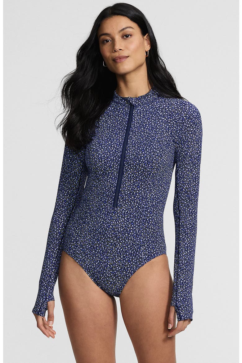 Chlorine Resistant Zip Front Long Sleeve Tugless Sporty One Piece Swimsuit, Main, color, Navy/Blue Ditsy Floral