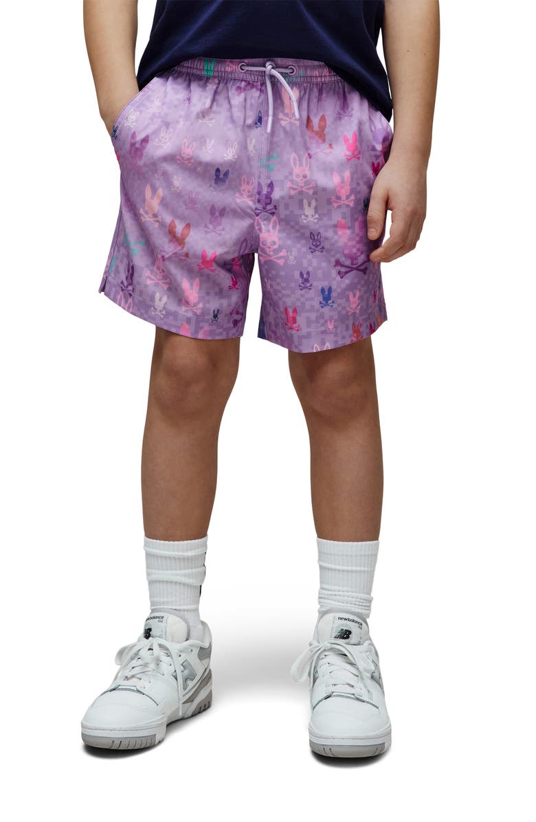 Psycho Bunny Kids' Van Lightweight Bunny Print Swim Trunks, Alternate, color, Lavendula