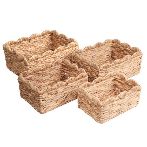 Coral Handwoven Water Hyancinth Scalloped Edge Nesting Storage Baskets (Set of 4)