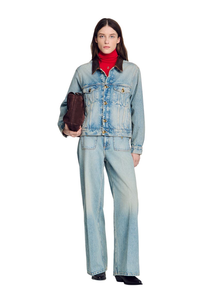 Denim jacket with leather collar, Alternate, color, Blue jean
