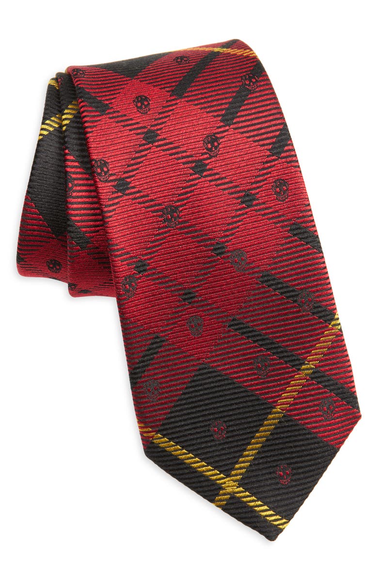 McQueen Tartan Skull Silk Tie, Main, color, Red/ Black