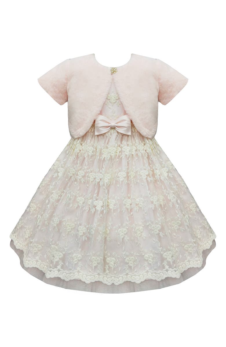 AMERICAN PRINCESS Kids' Flower Embroidered Dress & Faux Fur Bolero Jacket, Main, color, Ivory