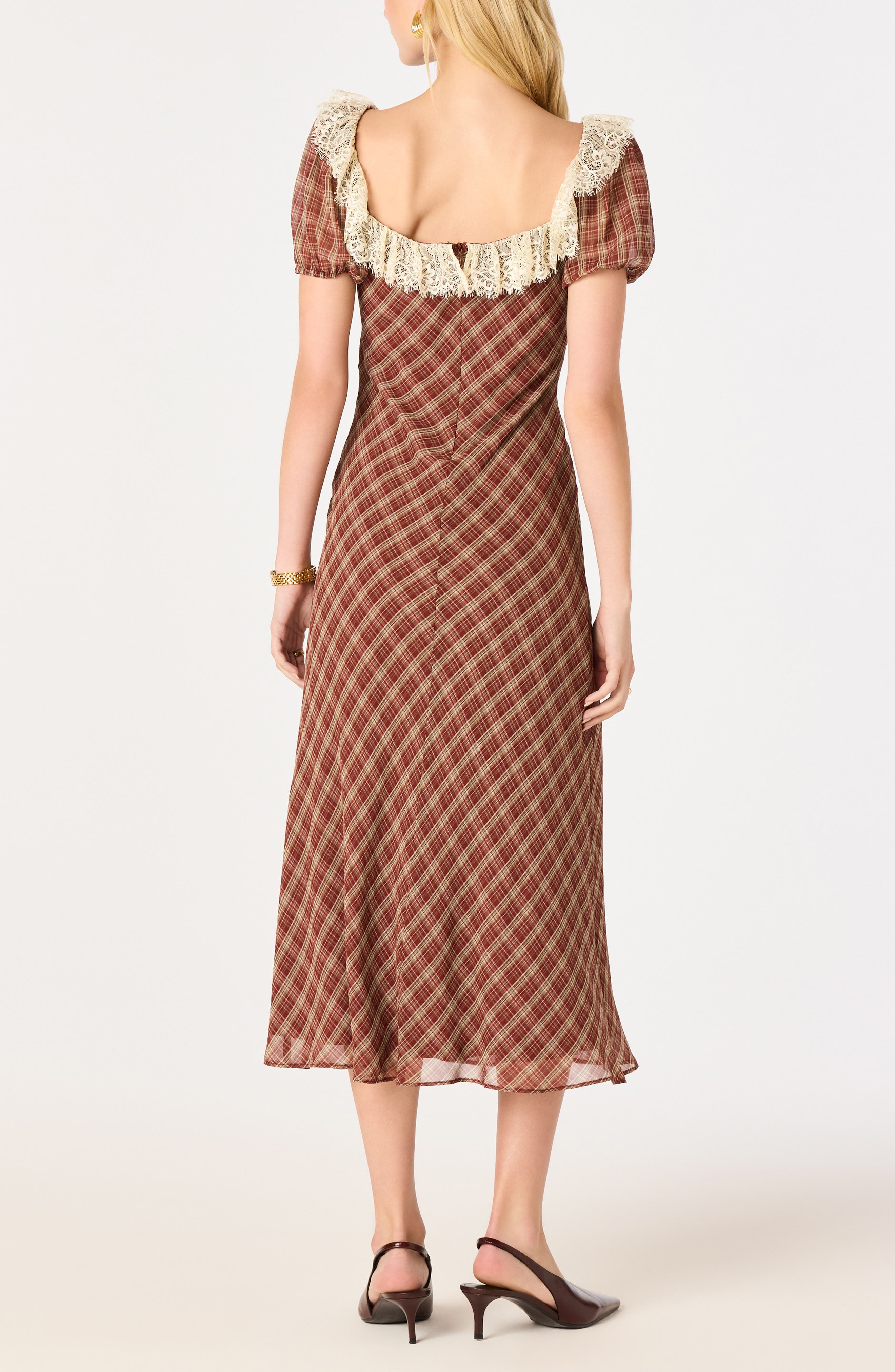 ASTR the Label Edwardine Lace Trim Plaid Midi Dress (Women