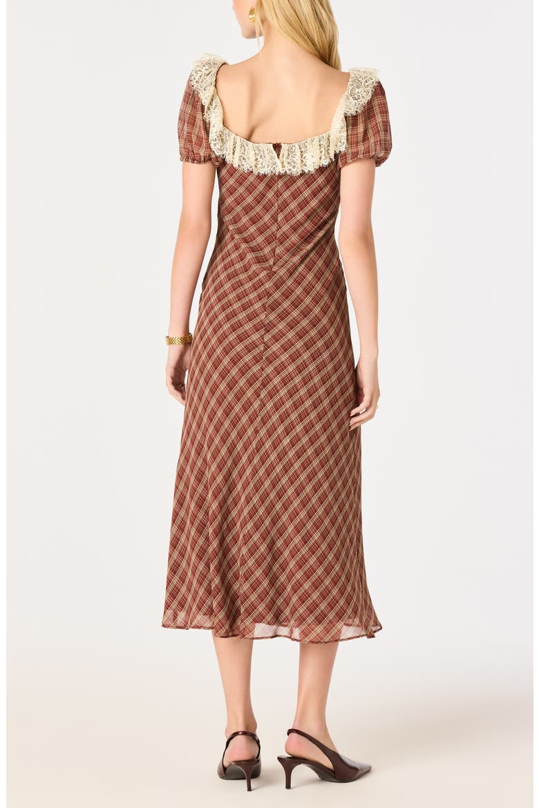 Edwardine Lace Trim Plaid Midi Dress, Alternate, color, WINE PLAID