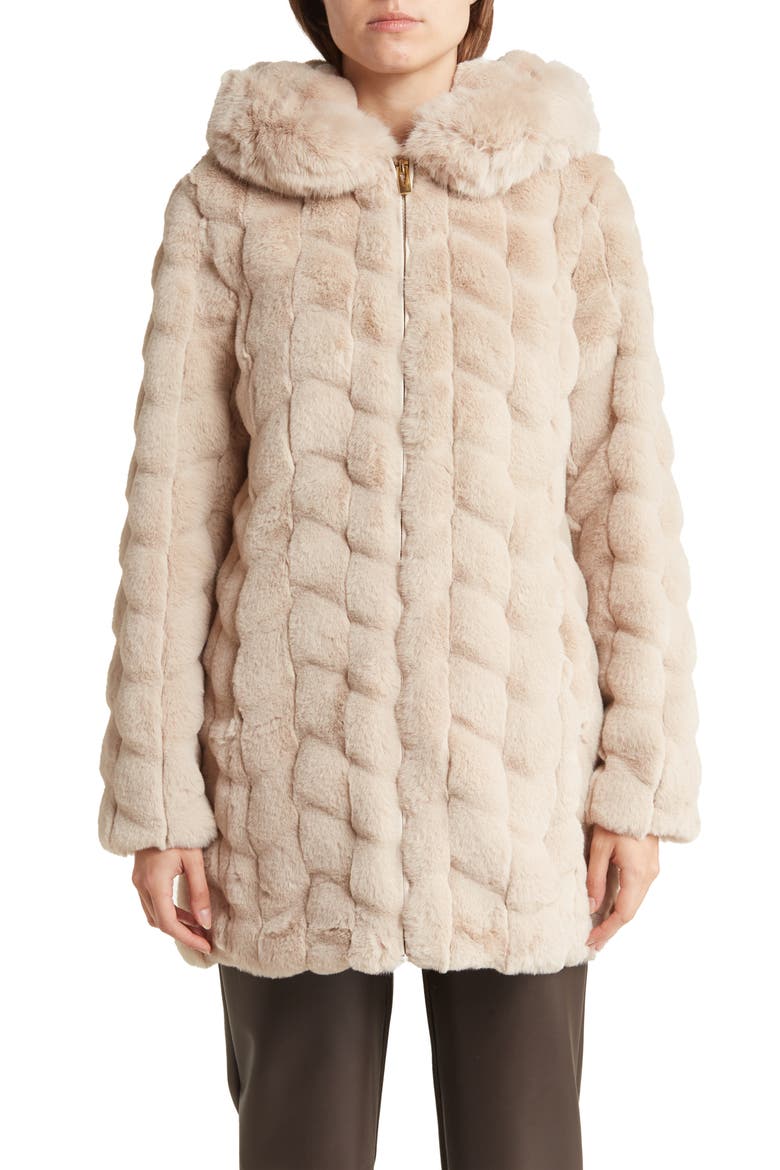 Grooved Faux Fur Hooded Coat, Alternate, color, NEW BEIGE