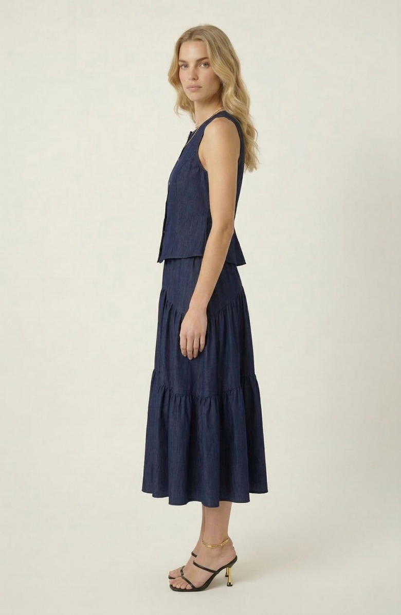 Modenaire Sleeveless Structured Top and Tiered Midi Skirt Set, Alternate, color, Navy Blue