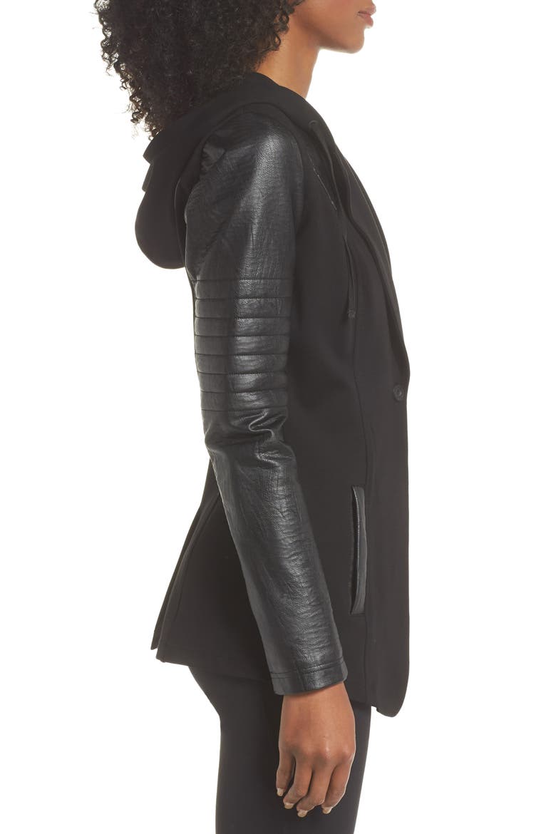 Hooded Moto Blazer with Faux Leather Sleeves, Alternate, color, BLACK