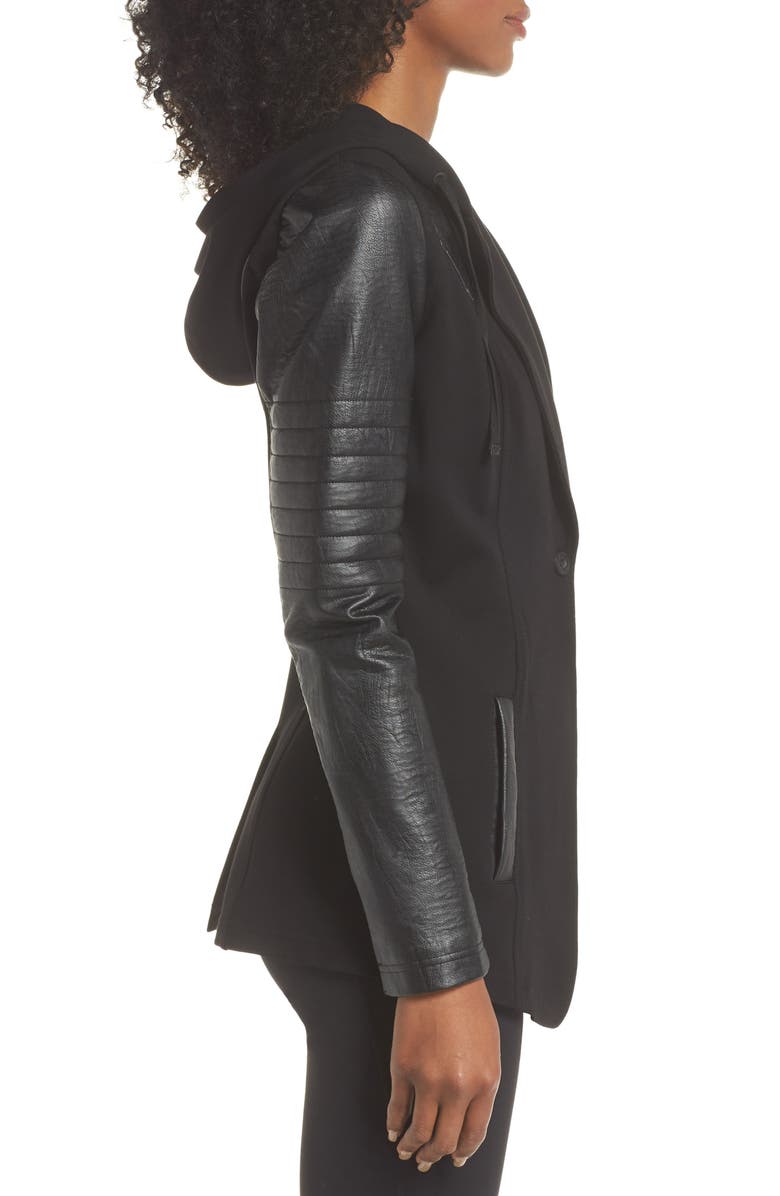 Blanc Noir Hooded Moto Blazer with Faux Leather Sleeves, Alternate, color,