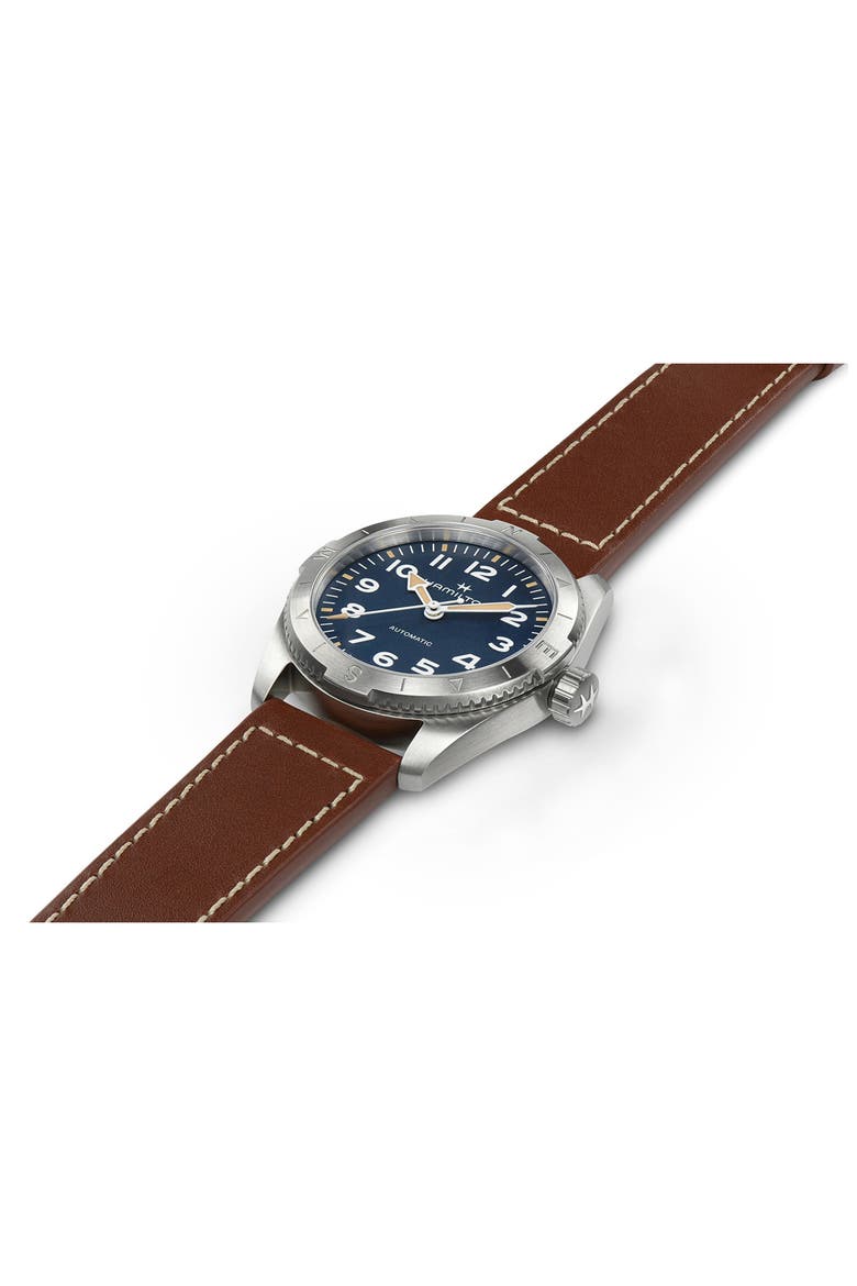 Khaki Field Expedition Automatic Leather Strap Watch, 37mm, Alternate, color, BLUE