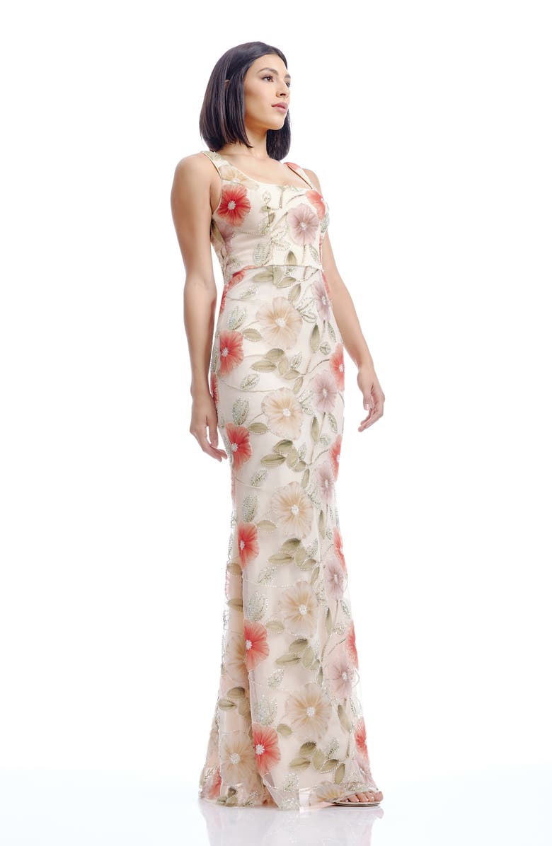Dress the Population Tyra Floral Print Metallic Sleeveless Gown, Alternate, color, Champagne Multi