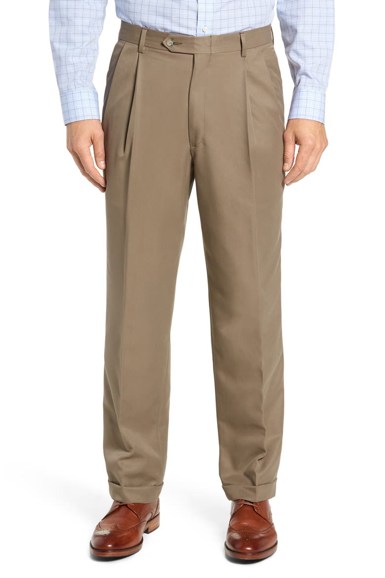 Classic Fit Pleated Microfiber Performance Trousers, Main, color, GREEN