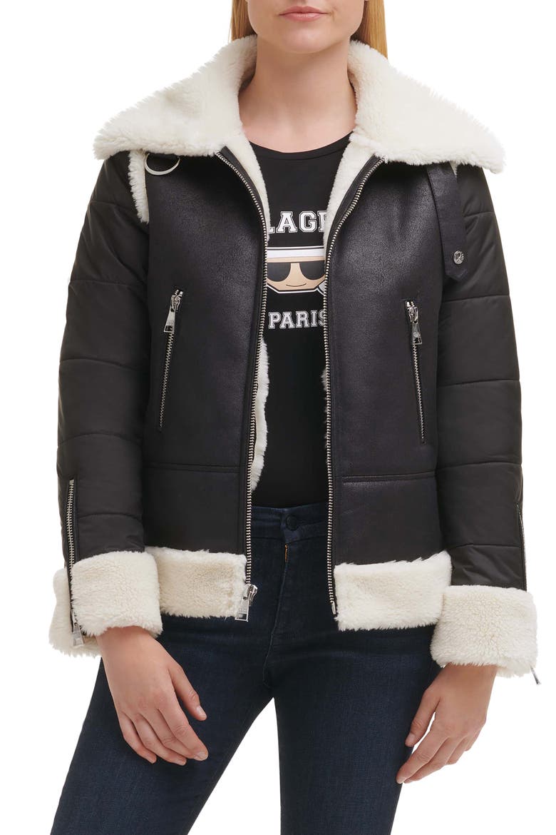 Mixed Media Faux Leather & Faux Shearling Jacket, Main, color, BLACK