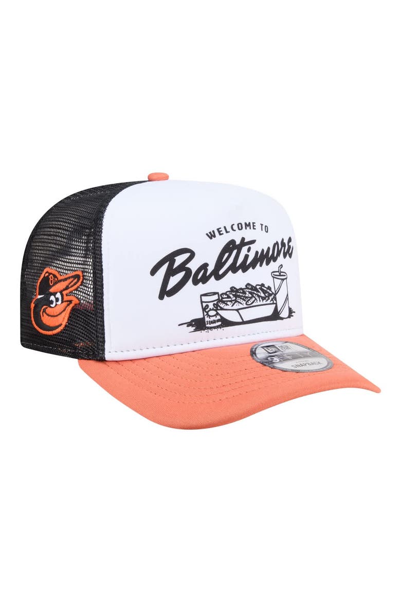 Men's New Era  White/Orange Baltimore Orioles Foodie A-Frame 9FIFTY Trucker Snapback Hat, Main, color, White