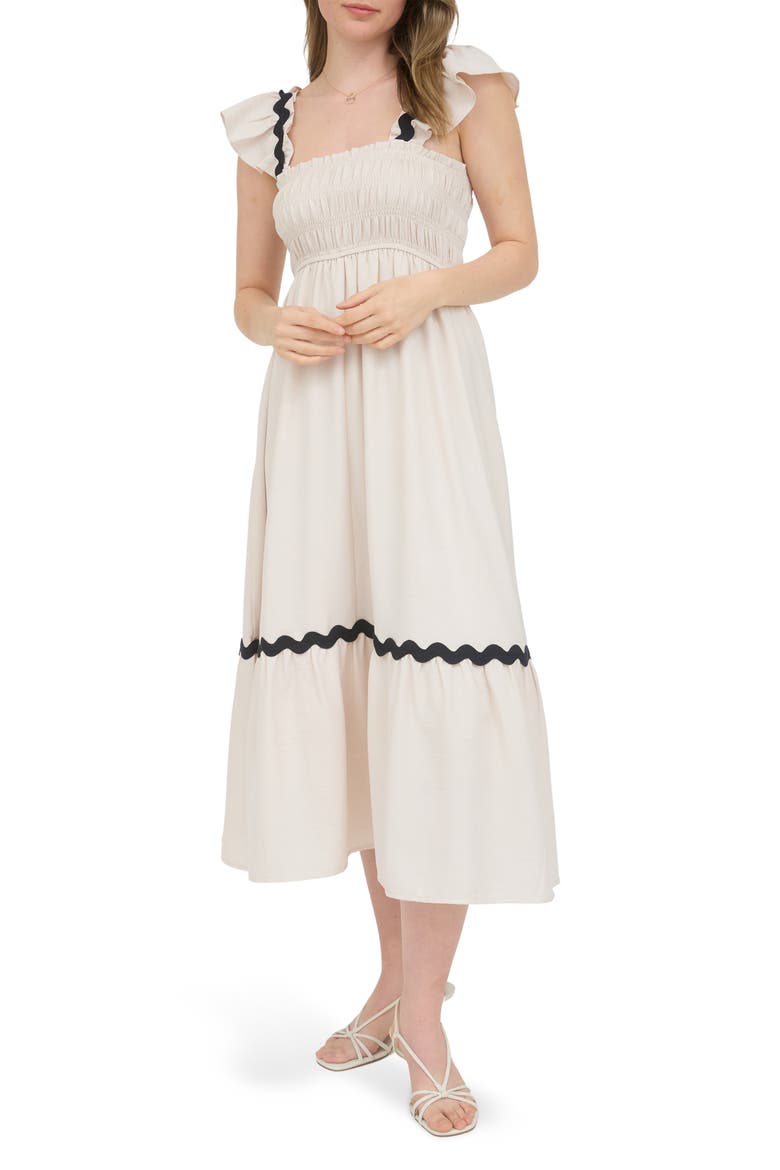 Wavy Ribbon Tiered Midi Dress, Main, color, LIGHT KHAKI