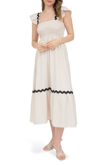 August Sky Wavy Ribbon Tiered Midi Dress