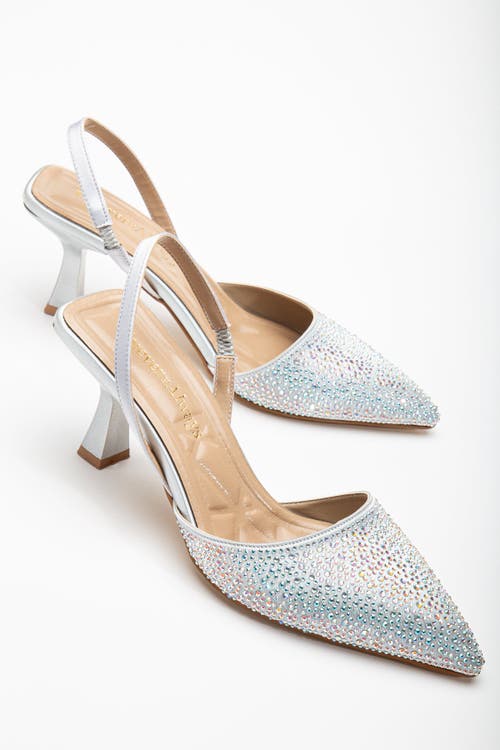 Forever & Always Shoes Rae Slingback Kitten Heel Pumps In Silver Rhinestones