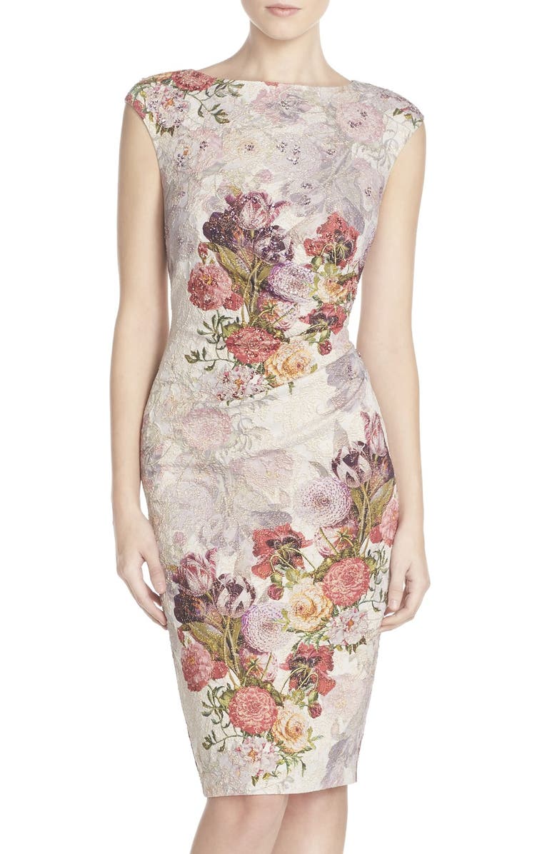 Adrianna Papell Embellished Ruched Metallic Jacquard Sheath Dress, Main, color, 