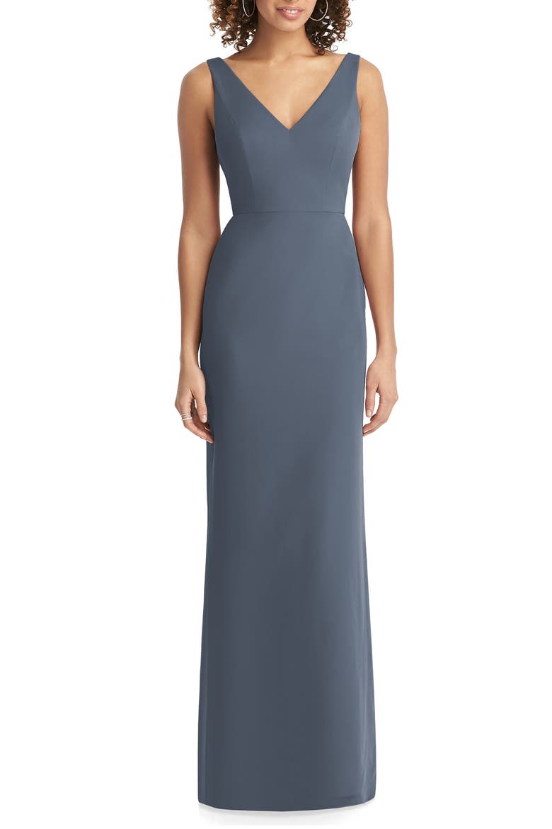 V-Neck Back Tie Chiffon Trumpet Gown, Main, color, SILVERSTONE