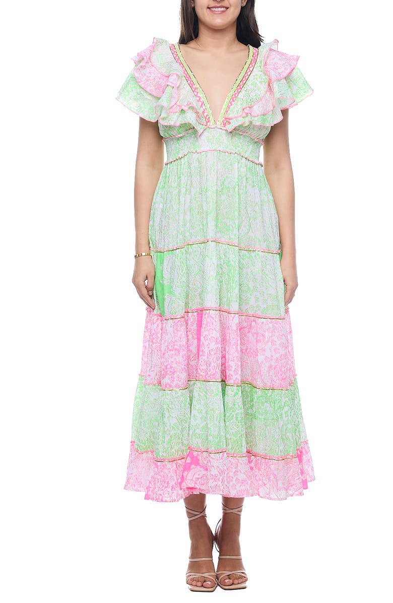 RANEES Plunge Neck Ruffle Sleeve Cotton Maxi Dress, Main, color, Green