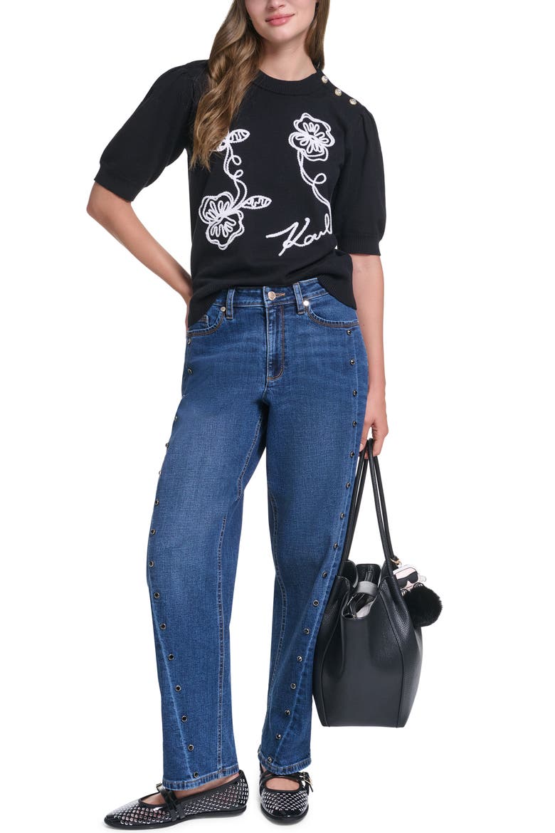 Floral Stitch Short Sleeve Cotton Blend Sweater, Alternate, color, BLACK/ SOFT WHITE