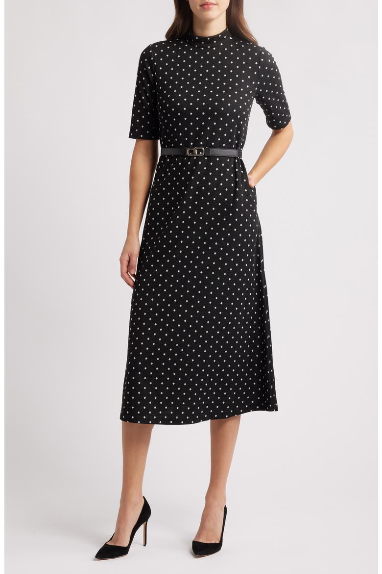 Polka Dot Mock Neck Cotton Blend Dress, Main, color, ANNE BLACK/ WHITE DOVE