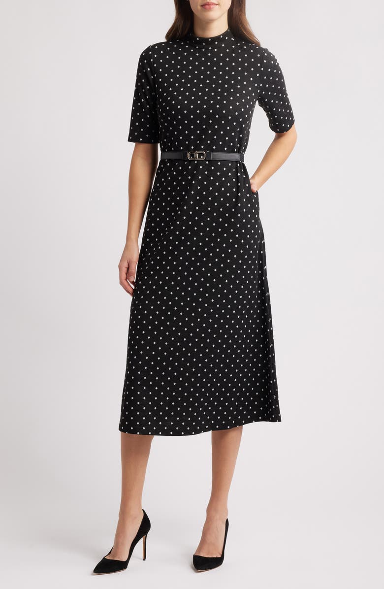 Anne Klein Polka Dot Mock Neck Cotton Blend Dress, Main, color, 