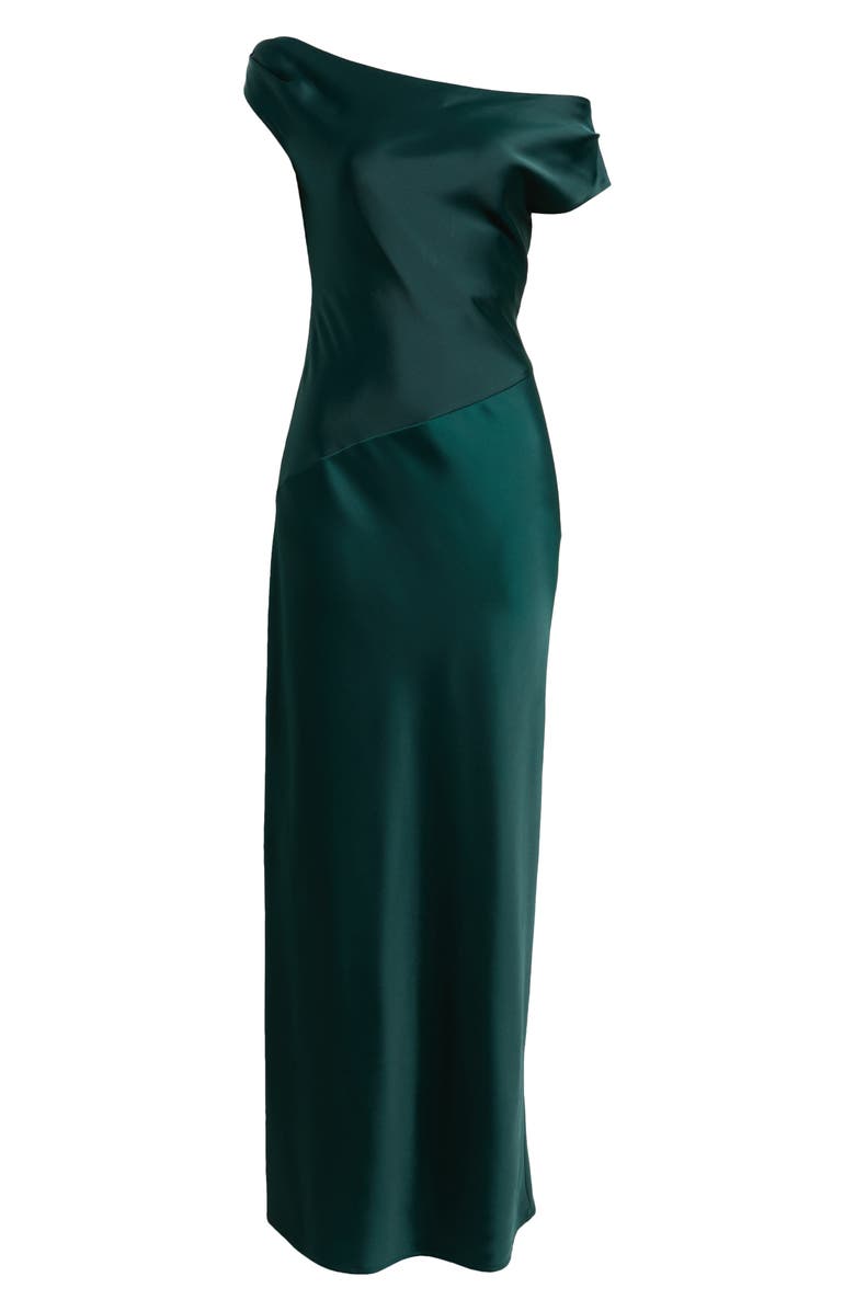 WAYF Colleen One-Shoulder Drape Satin Gown, Alternate, color, Emerald