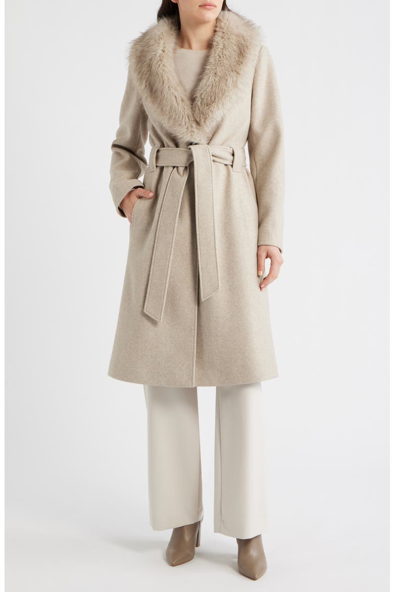Belted Wrap Coat with Faux Fur Collar, Main, color, OATMEAL