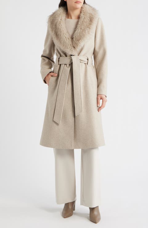 Belted Wrap Coat with Faux Fur Collar