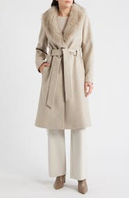 BCBG Belted Wrap Coat with Faux Fur Collar