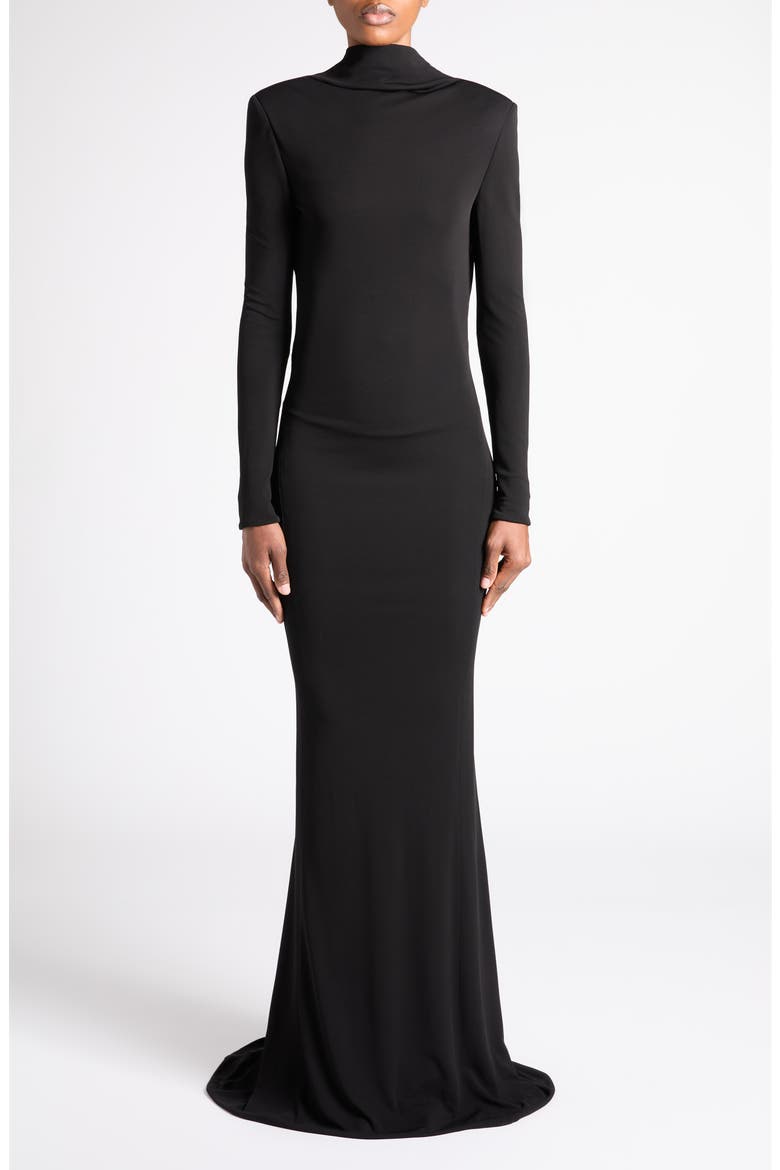 Long Sleeve Crepe Jersey Gown, Main, color, BLACK