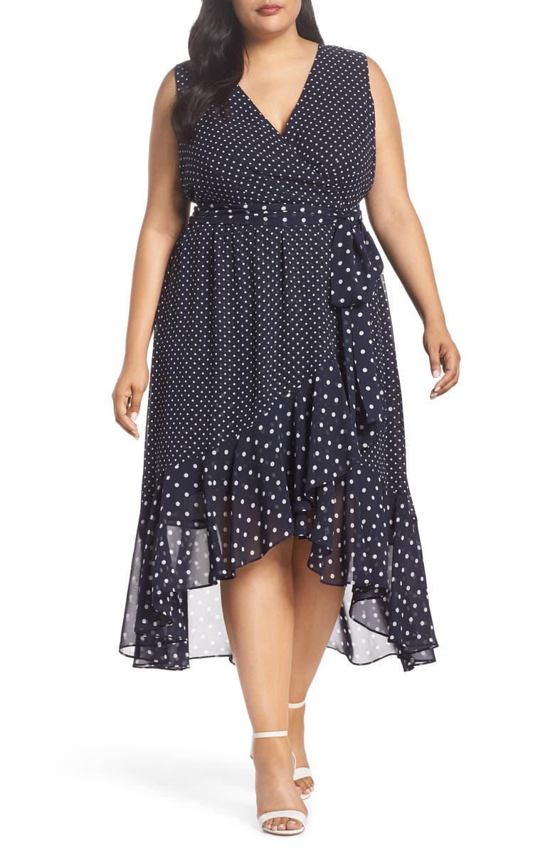 Eliza J Polka Dot High/Low Hem Dress, Main, color, 