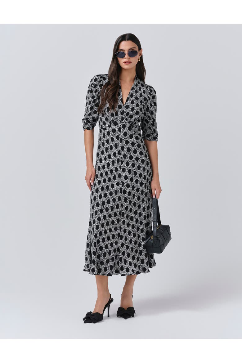 Mia Crepe Polka Dot Midi Tea Dress, Main, color, Black Spot Floral