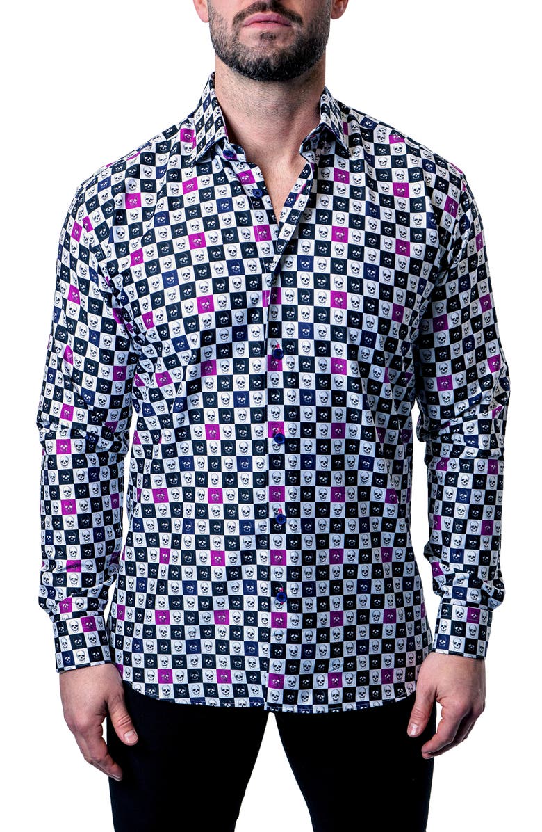 Maceoo Fibonacci Skull Square Multi Button-Up Shirt, Alternate, color, Blue/Purple Multi