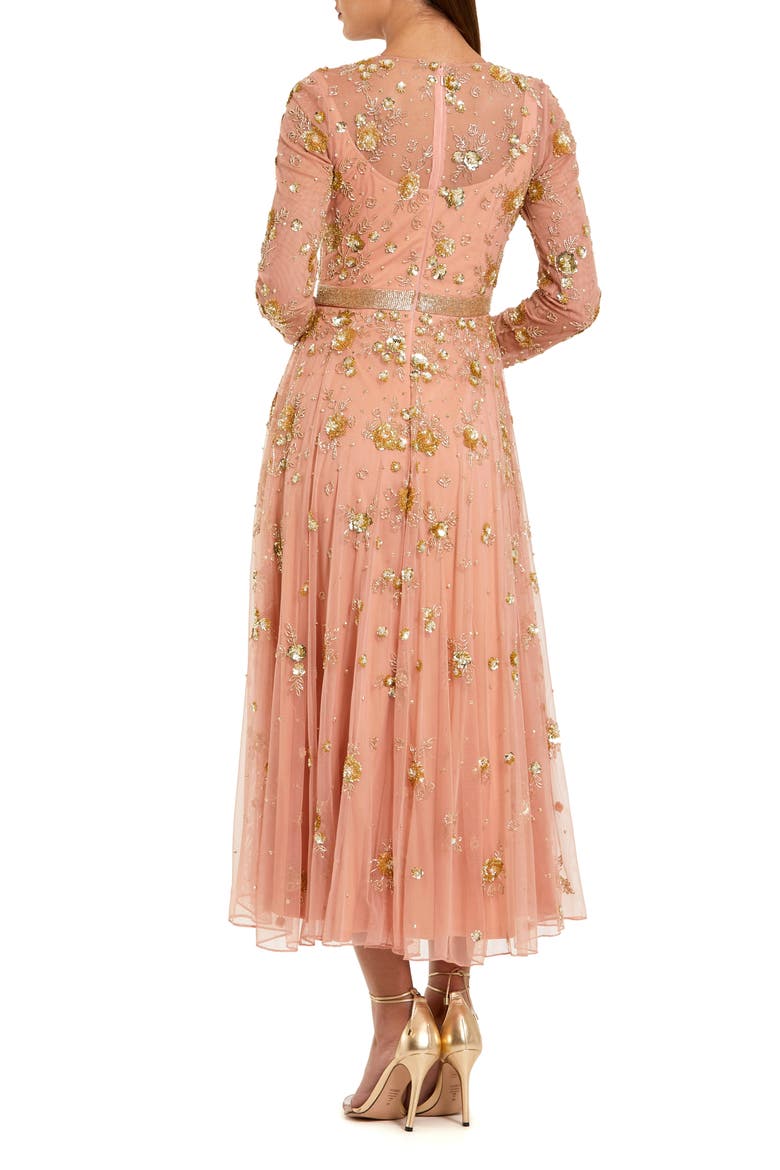 Beige Beaded Long Sleeve A Line Midi Dress, Alternate, color, Peach