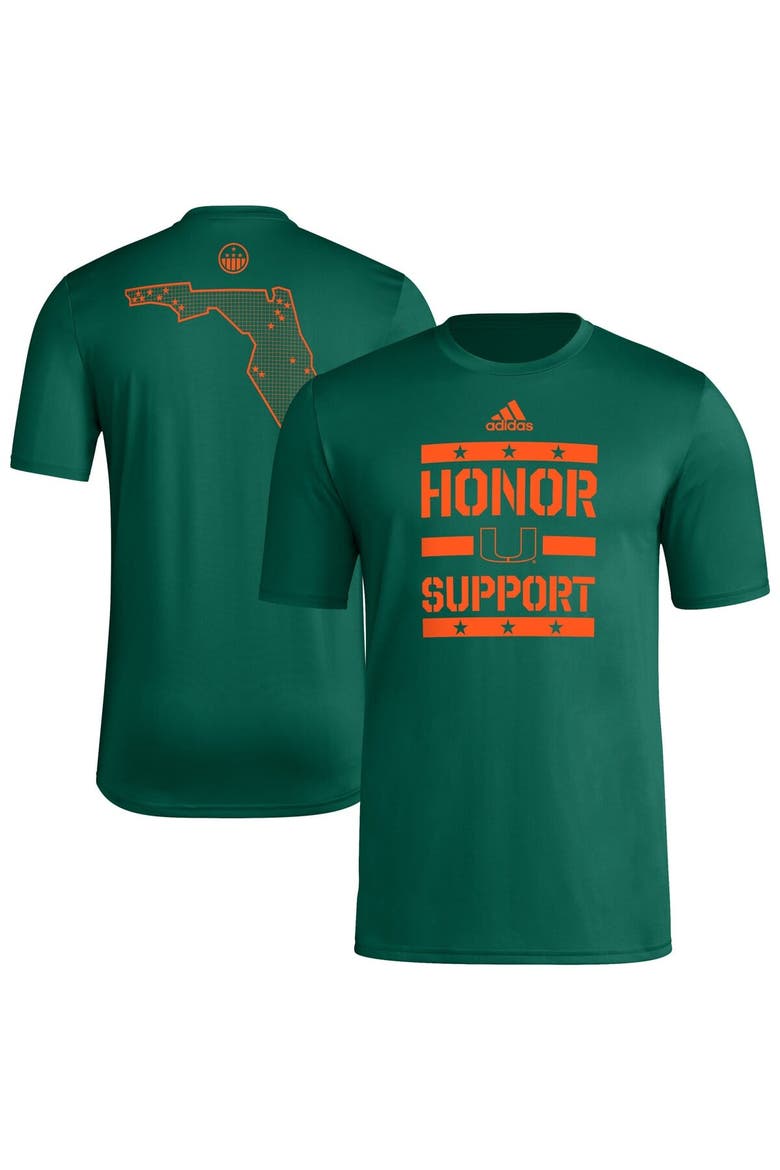 Men's adidas Green Miami Hurricanes Honor & Support Pre-Game T-Shirt, Main, color, Green
