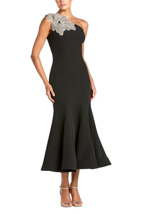 Sleeveless Crepe One Shoulder Mermaid Midi Dress With Flower