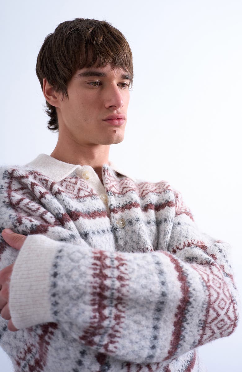 Topman Fair Isle Stripe Long Sleeve Polo, Alternate, color, Ecru