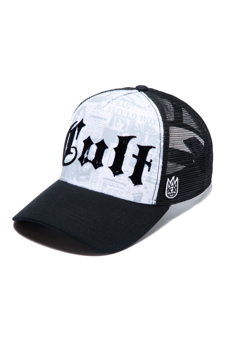 Propaganda Newsprint Logo Trucker Hat, Main, color, WHITE