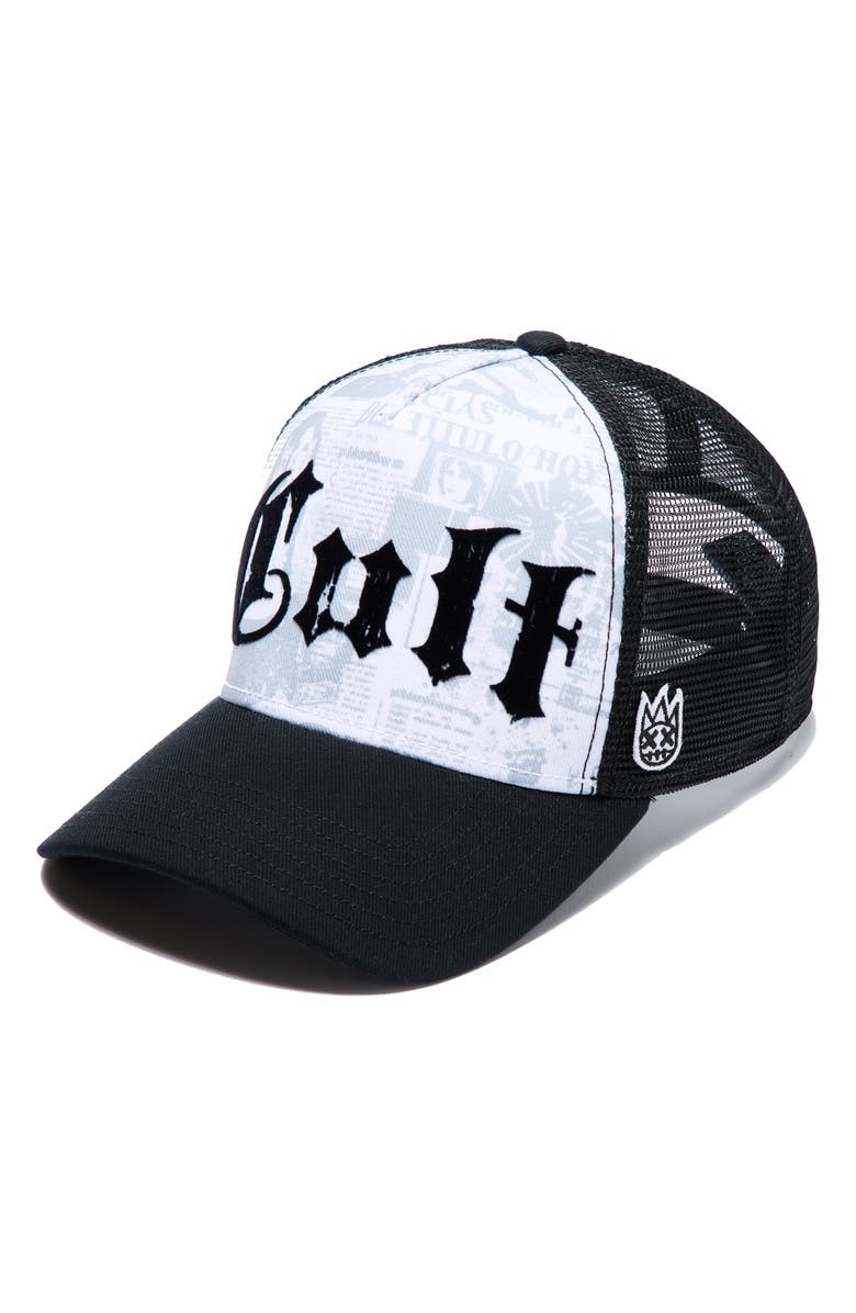 Cult of Individuality Propaganda Newsprint Logo Trucker Hat, Main, color, 