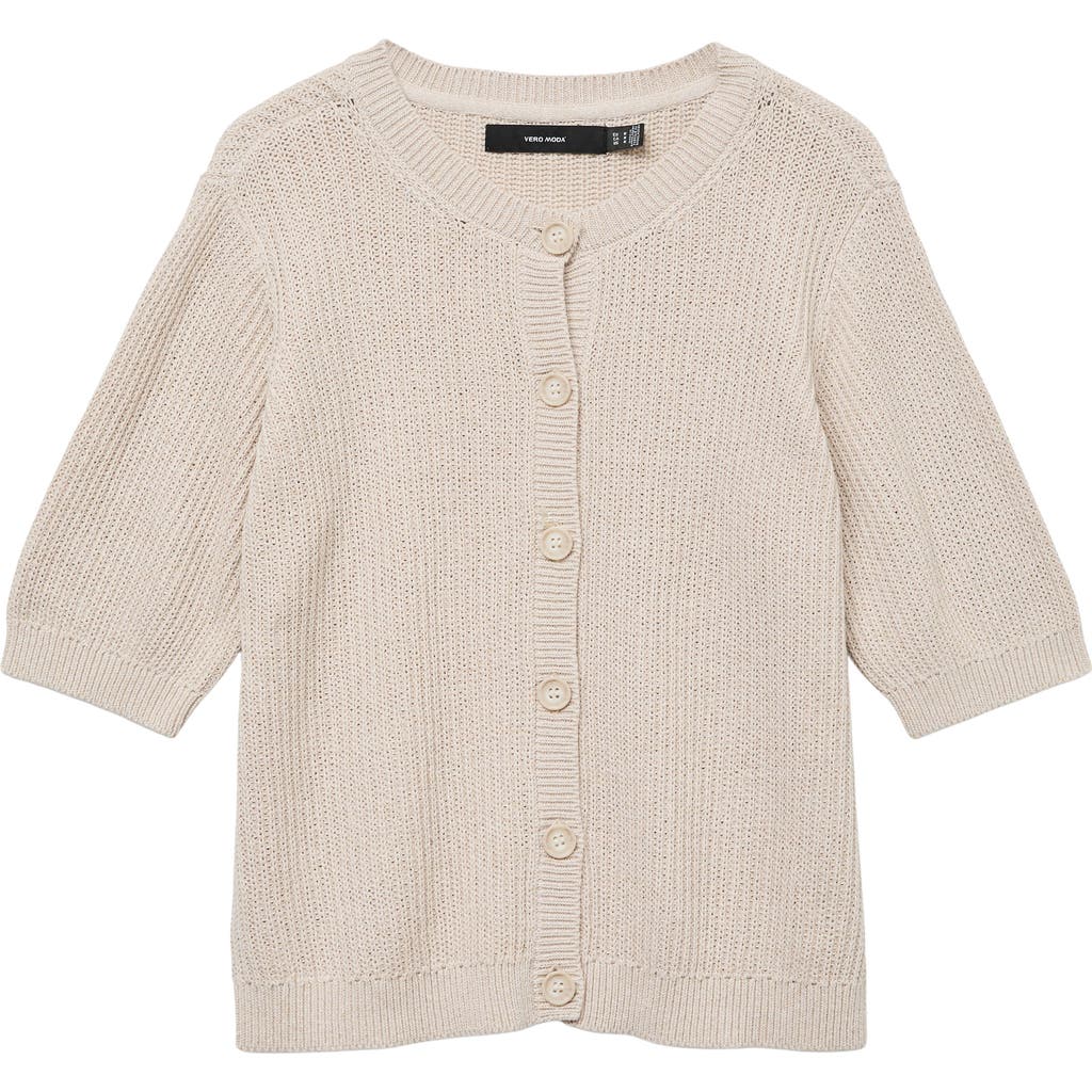 Vero Moda Lux Elbow Sleeve Cotton Blend Cardigan In Neutral