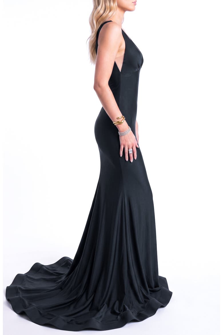 Plunging Low-Back Mermaid Evening Gown With Train, Alternate, color, Black
