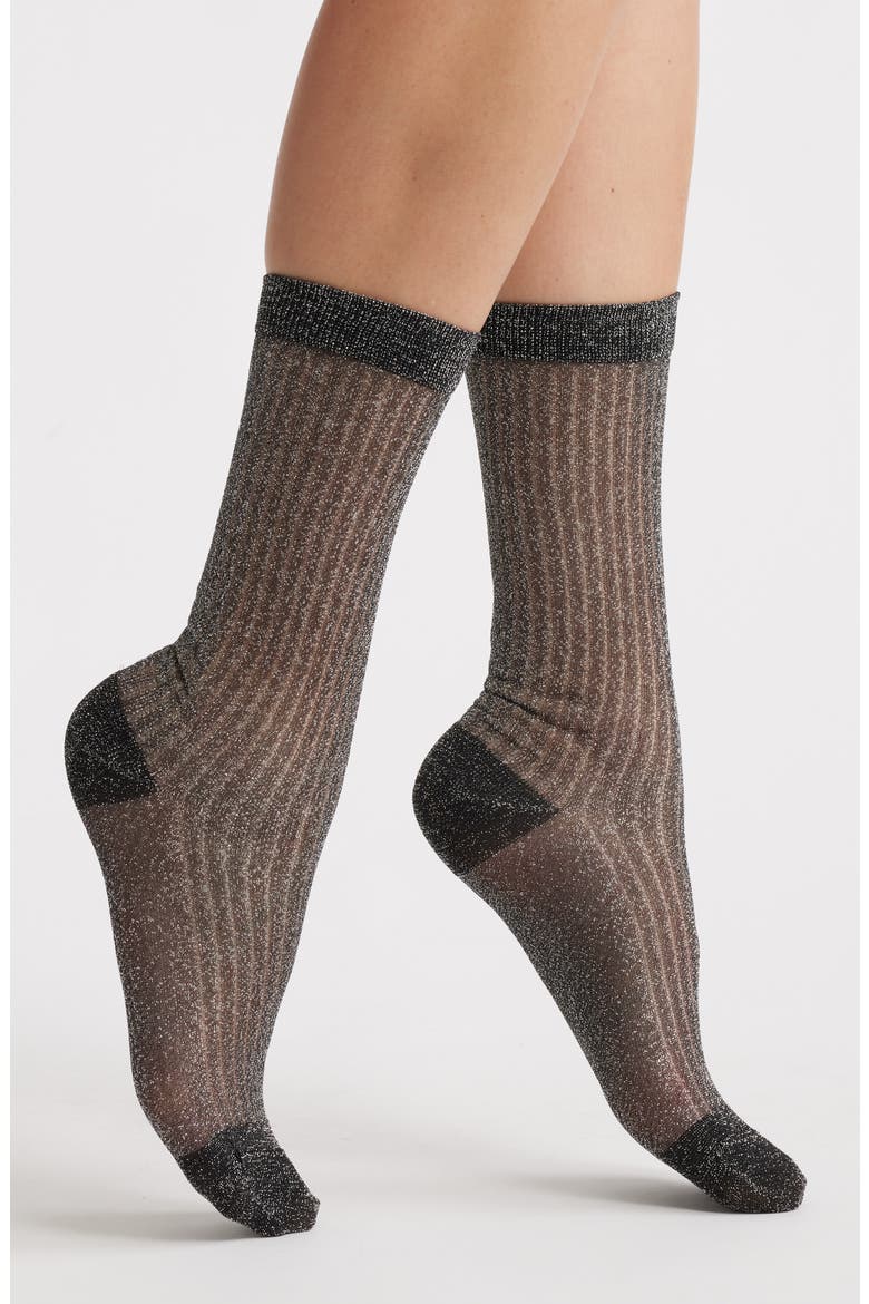 Beam Metallic Rib Crew Socks, Main, color, BLACK