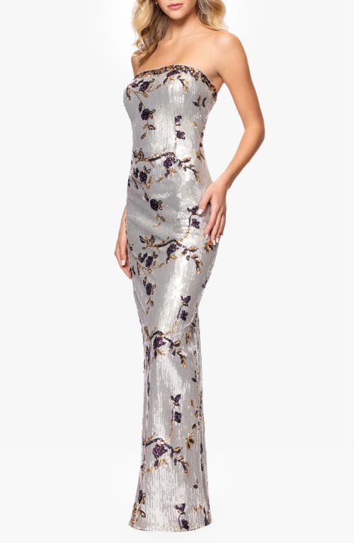 Betsy & Adam Sequin Floral Strapless Sheath Gown In Silver/purple