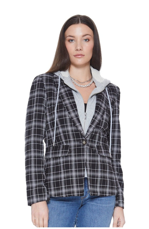 Hooded Helen Blazer in Black Plaid and Heather Cement