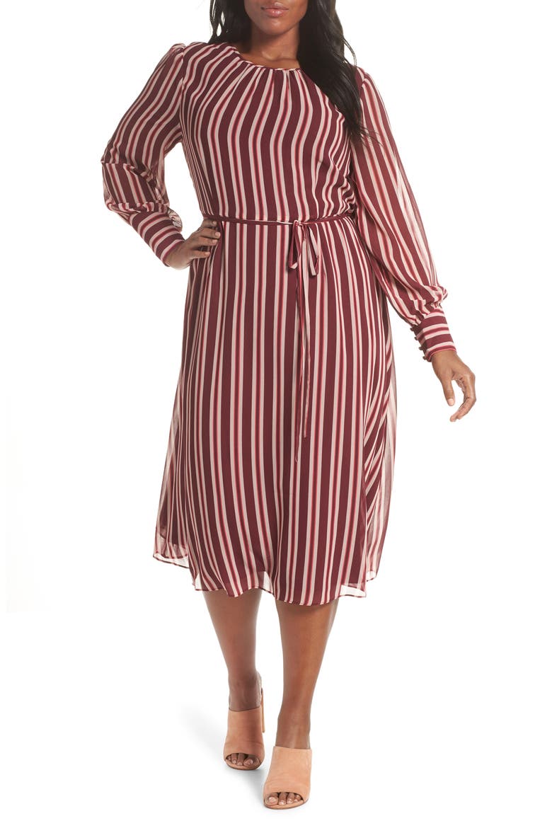 Belted Stripe Midi Dress, Alternate, color, MULLED WINE MILKSHAKE STRIPE