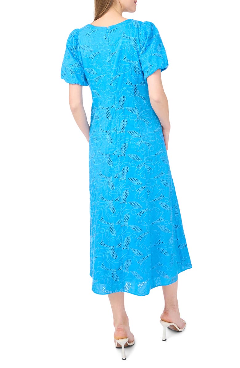 CeCe Embroidered Eyelet Bubble Sleeve Cotton Midi Dress, Alternate, color, Blue Spritz